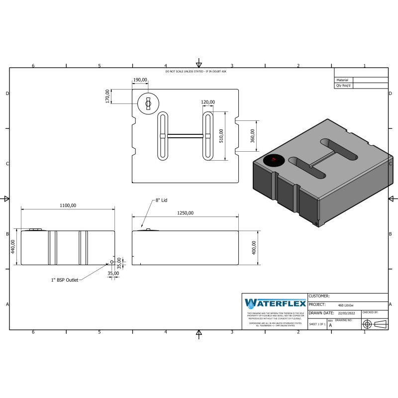 Tank 460 liters flat 125x110x40