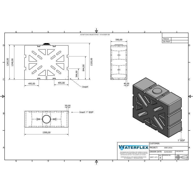 Zbiornik 1000 litrów stojący z przepierzeniem X 159x59x124  rysunek techniczny waterflex